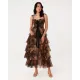 Floral Tiered Corset Gown with Sheer Ruffles With Detachable Skirt