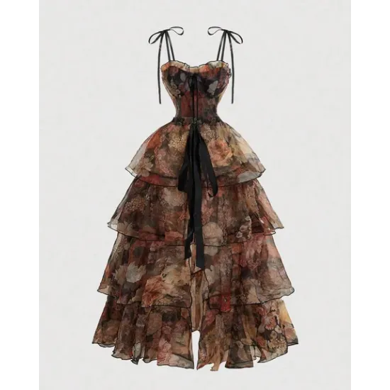 Floral Tiered Corset Gown with Sheer Ruffles With Detachable Skirt