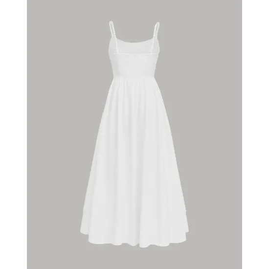 Spaghetti Strap Fit & Flare Sleeveless Midi Dress in White