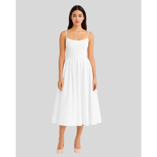 Spaghetti Strap Fit & Flare Sleeveless Midi Dress in White