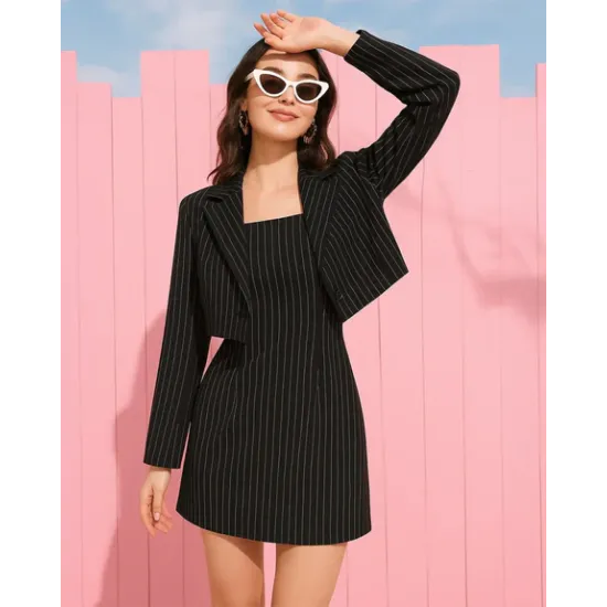 Striped Shirt With Lapel Collar & Spaghetti Strap Dress Set