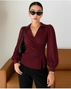 V Neck Top Wrap Front With Lantern Sleeve in Cherry Red