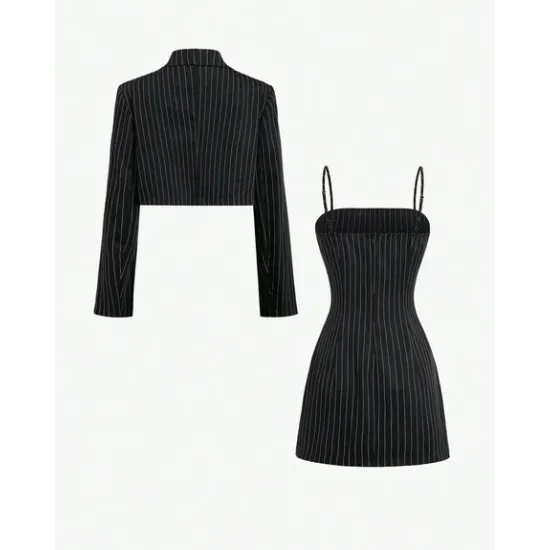 Striped Shirt With Lapel Collar & Spaghetti Strap Dress Set