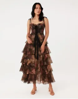 Floral Tiered Corset Gown with Sheer Ruffles With Detachable Skirt