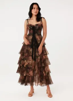 Floral Tiered Corset Gown with Sheer Ruffles With Detachable Skirt