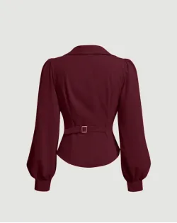 V Neck Top Wrap Front With Lantern Sleeve in Cherry Red