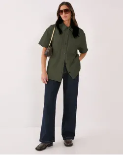 Oversized Button Down Collar Top in Green