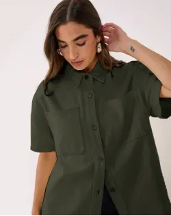 Oversized Button Down Collar Top in Green